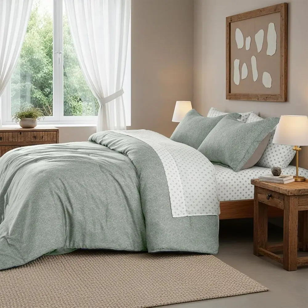 Lightweight 7-Piece Sage Green Bed in a Bag All Season Chambray Print Bedding Set, Ultra Soft Comforter, Sheets, Pillowcase & Sh