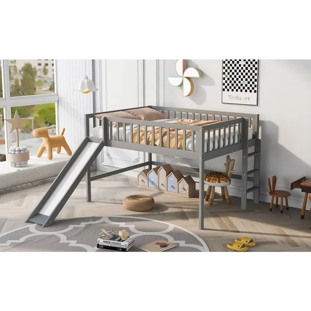 Full Size Low Loft Bed with Slide, High Guardrail & Ladder, Loft beds with Safety Rails, Wooden Full Loft Bed Frame for Kids, Bo