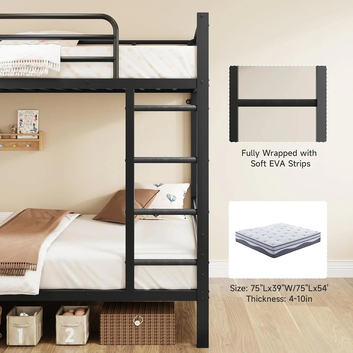 Bunk Bed Twin Over Twin, Metal Bunk Beds with Power Outlets & Desk, Heavy-Duty Bunkbeds Frame with Safety Guardrail, Customized