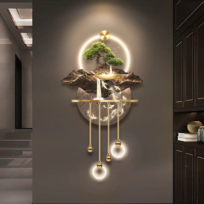 Entrance Decoration Pendant Lamps Luxury Abstract Plant Corridor Hanging Painting TV Background Wall Painting With  Light Lustre