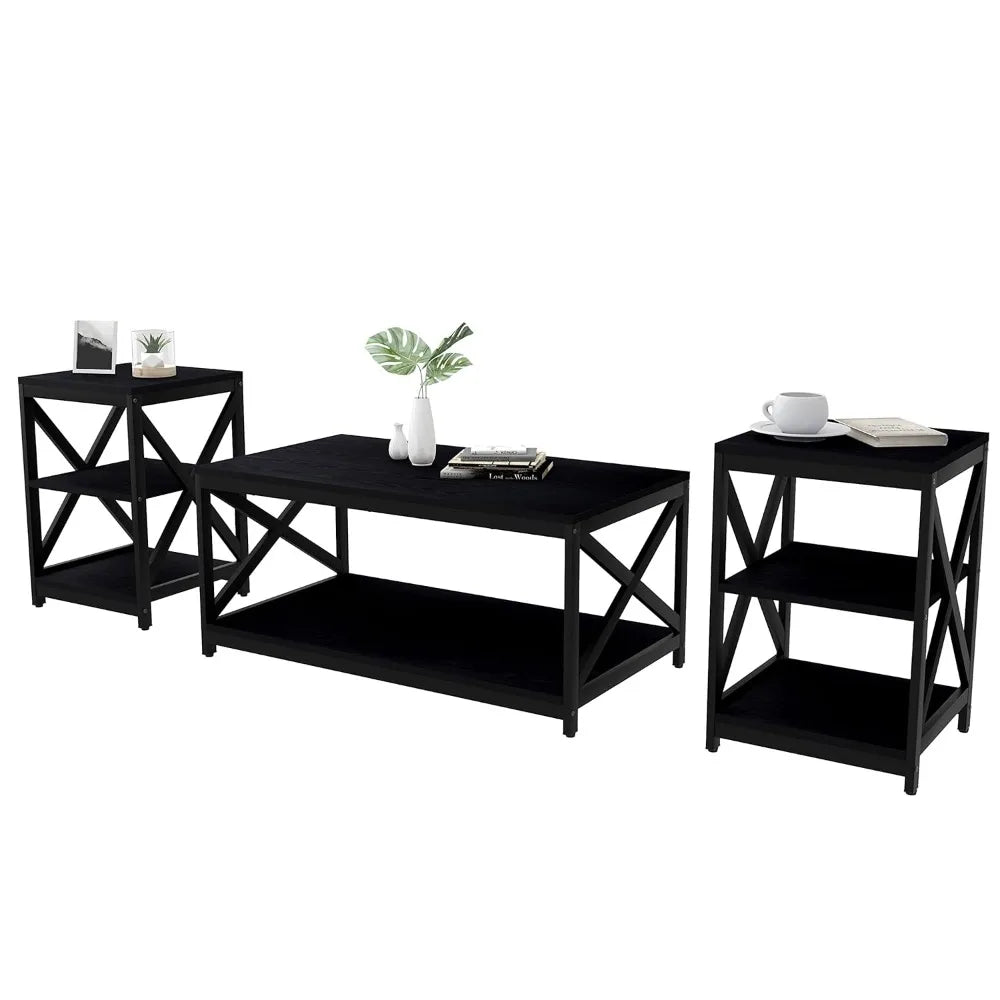 Living Room Coffee Table Set of 3, Industrial X-Design Coffee Table and 2 End Side Tables, 3 Piece Living Room Table Set