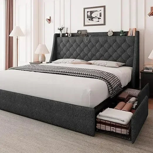 BestsellerBestsellerBestsellerfeonase queen bed frame with 4 storage drawers, upholstered storage bed with charging station, tuf