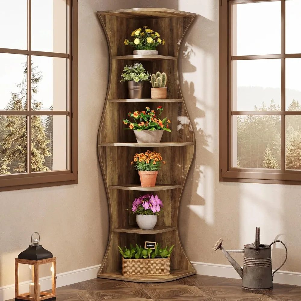 73.2"Tall Corner Bookcase, Farmhouse 6-Tier Corner Shelf for Small Space, Freestanding Bookshelf Display Shelf Plant Stand