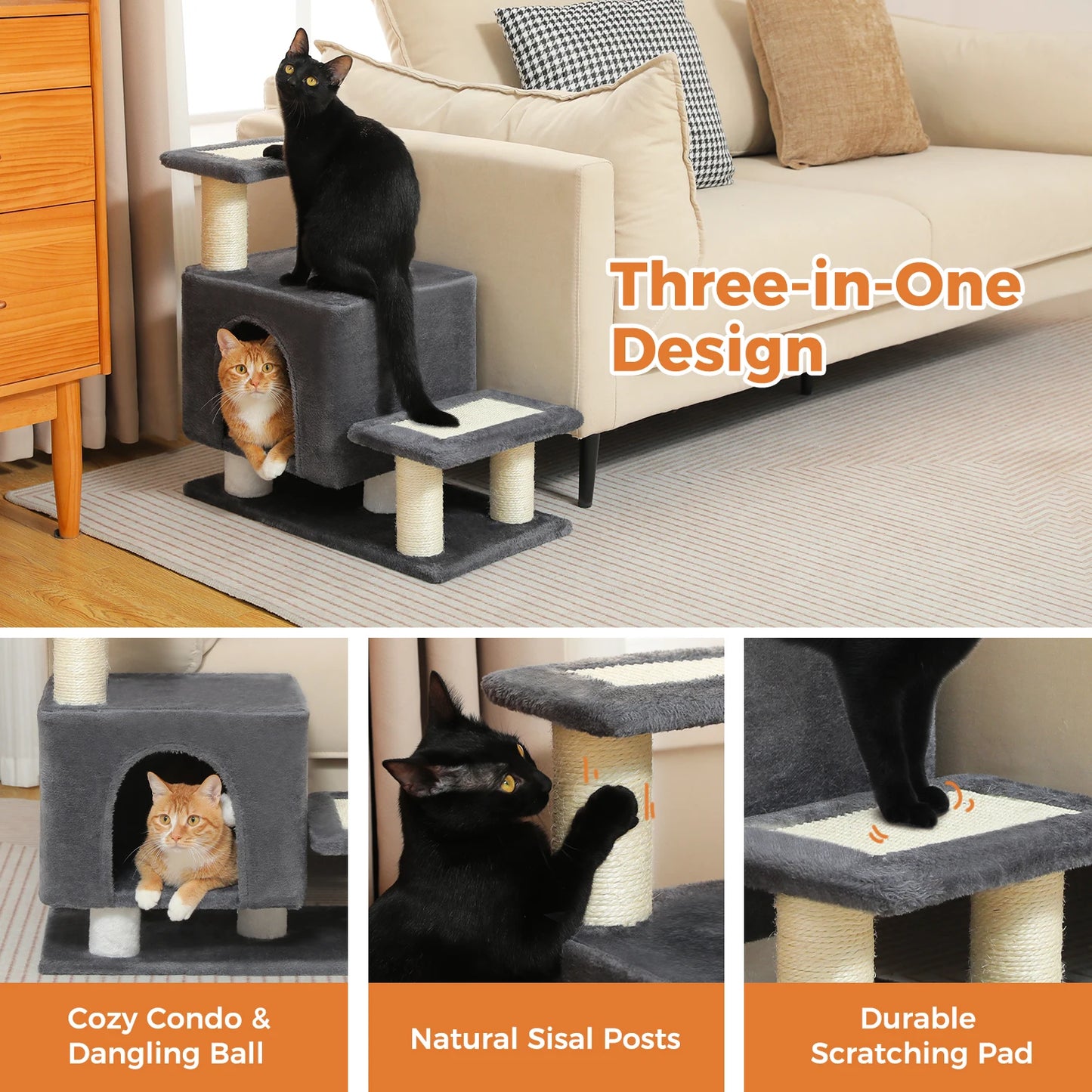 3-Tier Dog Stairs, Removable Pet Stairs for Small Dogs and Cats, Multifunctional Cat Bed House with Scratching Posts, Cat Condo