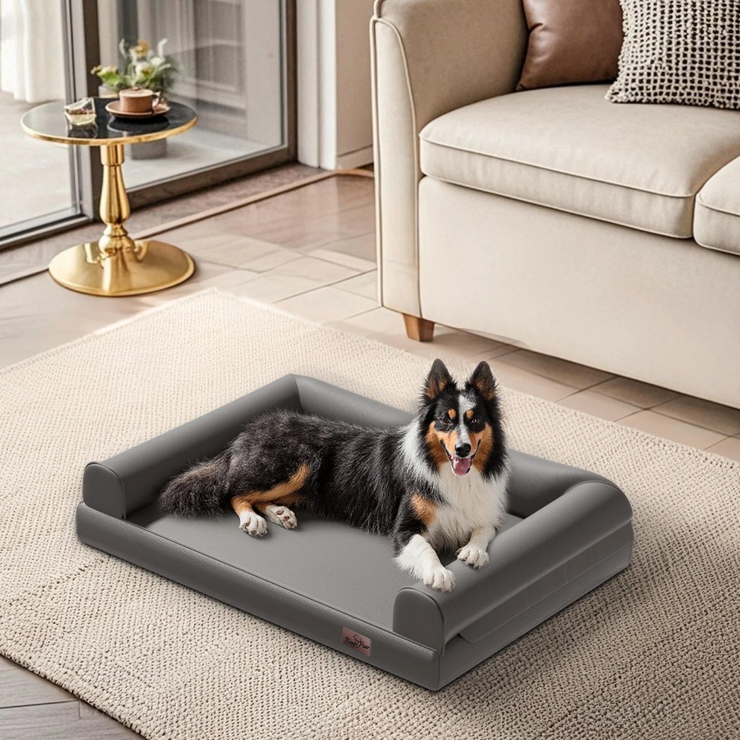 M-2XL Indoor Orthopedic Dog Bed with Supportive Base Bolster Pillow Pet Lounge Bed Sofa Microfiber Leather Cover for All Breed