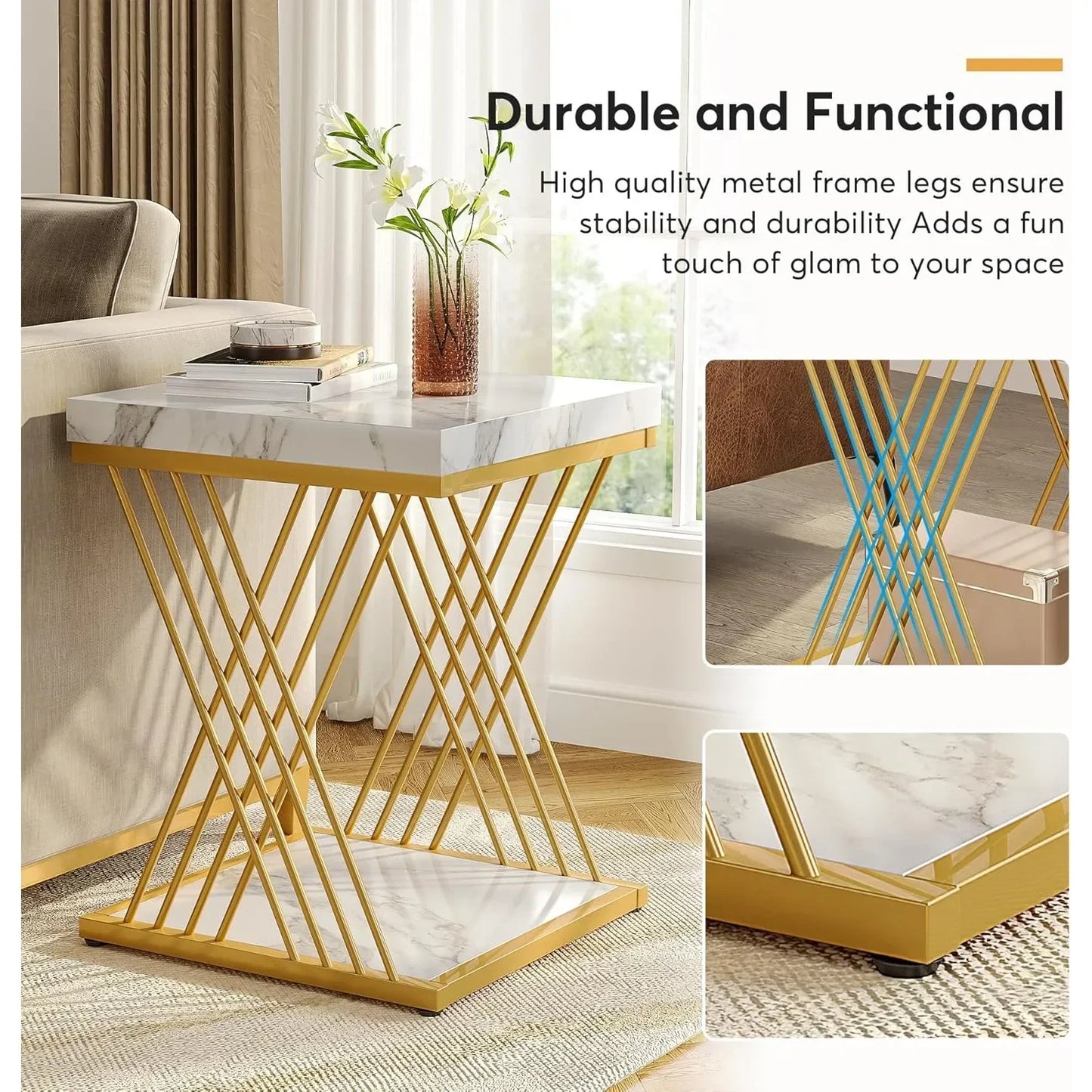 Square End Table White Gold 2-Tier Side Table Modern Small Bedside Table with Storage for Couch ( Faux Marble White+Gold)