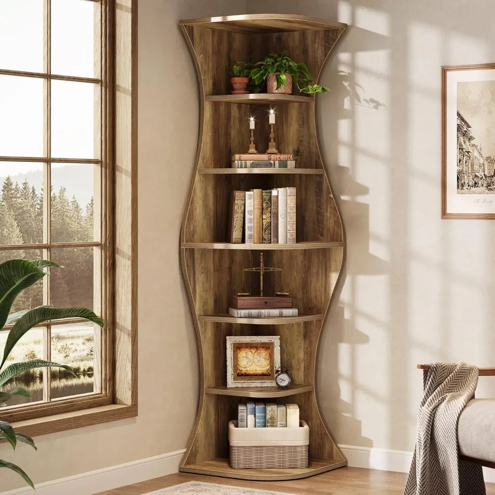 73.2"Tall Corner Bookcase, Farmhouse 6-Tier Corner Shelf for Small Space, Freestanding Bookshelf Display Shelf Plant Stand
