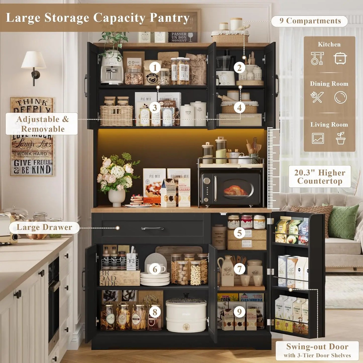 71" LED Kitchen Pantry Cabinet with Power Outlet, Tall Hutch Storage Cabinet with Microwave Stand & 6 Door Shelves,, Customized