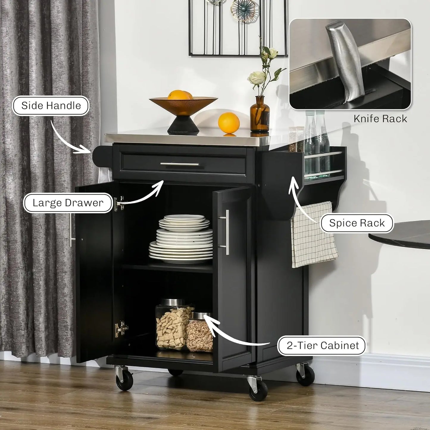 Kitchen Island on Wheels, Rolling Kitchen Cart with Stainless Steel Countertop, Drawer, Towel Rack and Spice Rack,, Customized