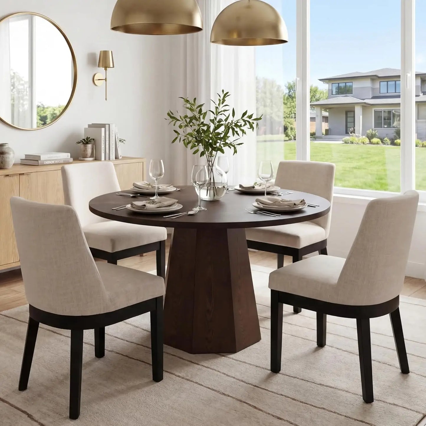 Modern Linen Dining Chairs Set of 4 Upholstered Kitchen Side Chair Wood Legs Beige Custom