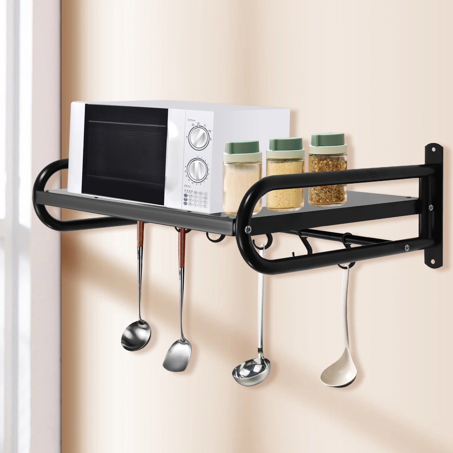 Wall-Mounted Microwave Oven Rack, Durable Carbon Steel, Large Size Shelf for Kitchen Organization, Easy Installation with