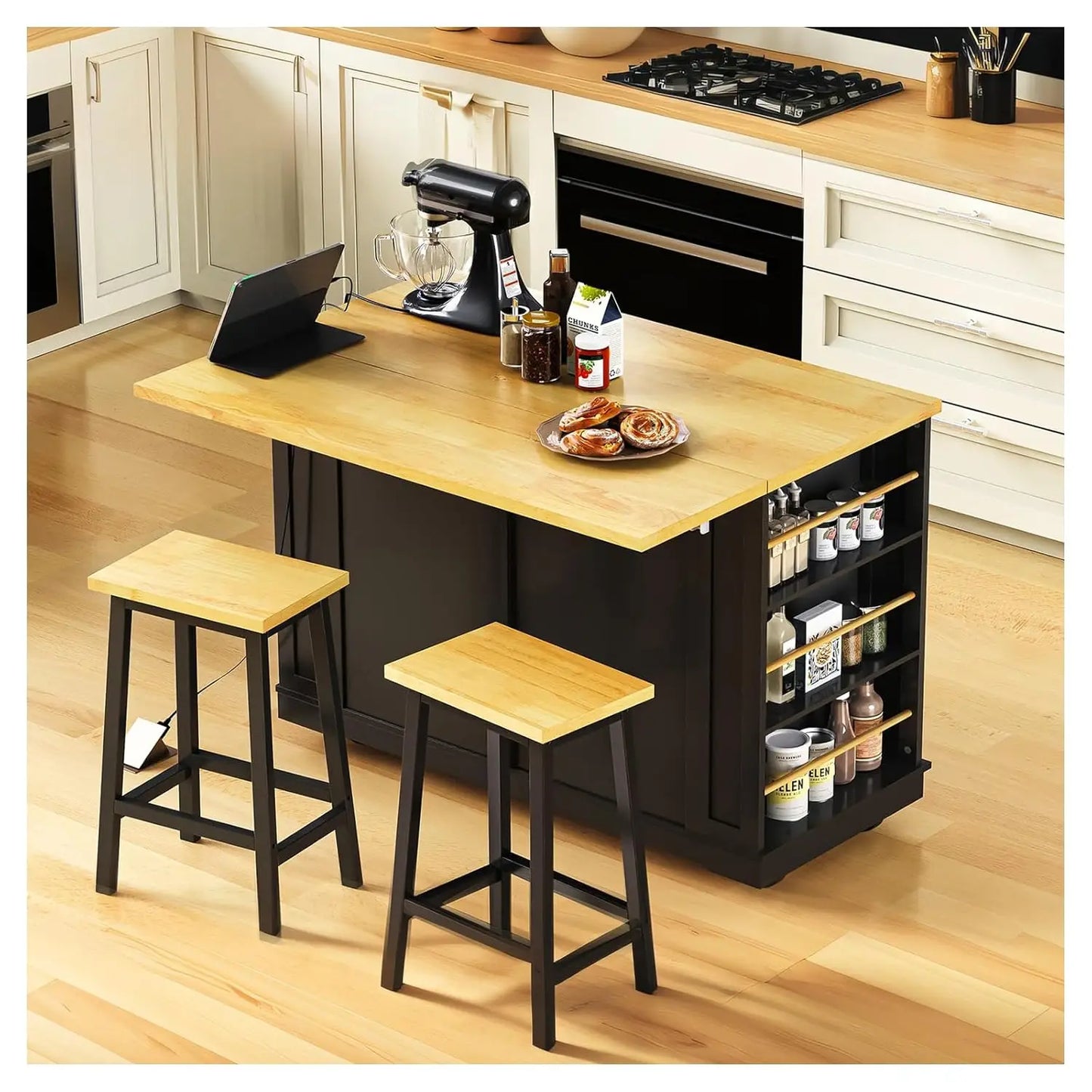 53" Rolling Kitchen Island, Drop Leaf & Power Outlet, 3 Drawers & 2 Cabinets, Mobile Kitchen Cart on 5 Lockable Wheels,, Custom