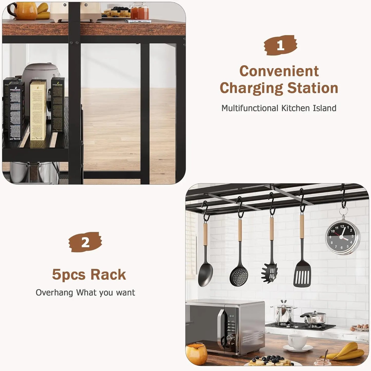 42" Kitchen Island with Storage & Seating - 3-Tier Bakers Rack, Microwave Stand, Dining Table for 4, 5 Hooks & 50lb Capacity, Mu