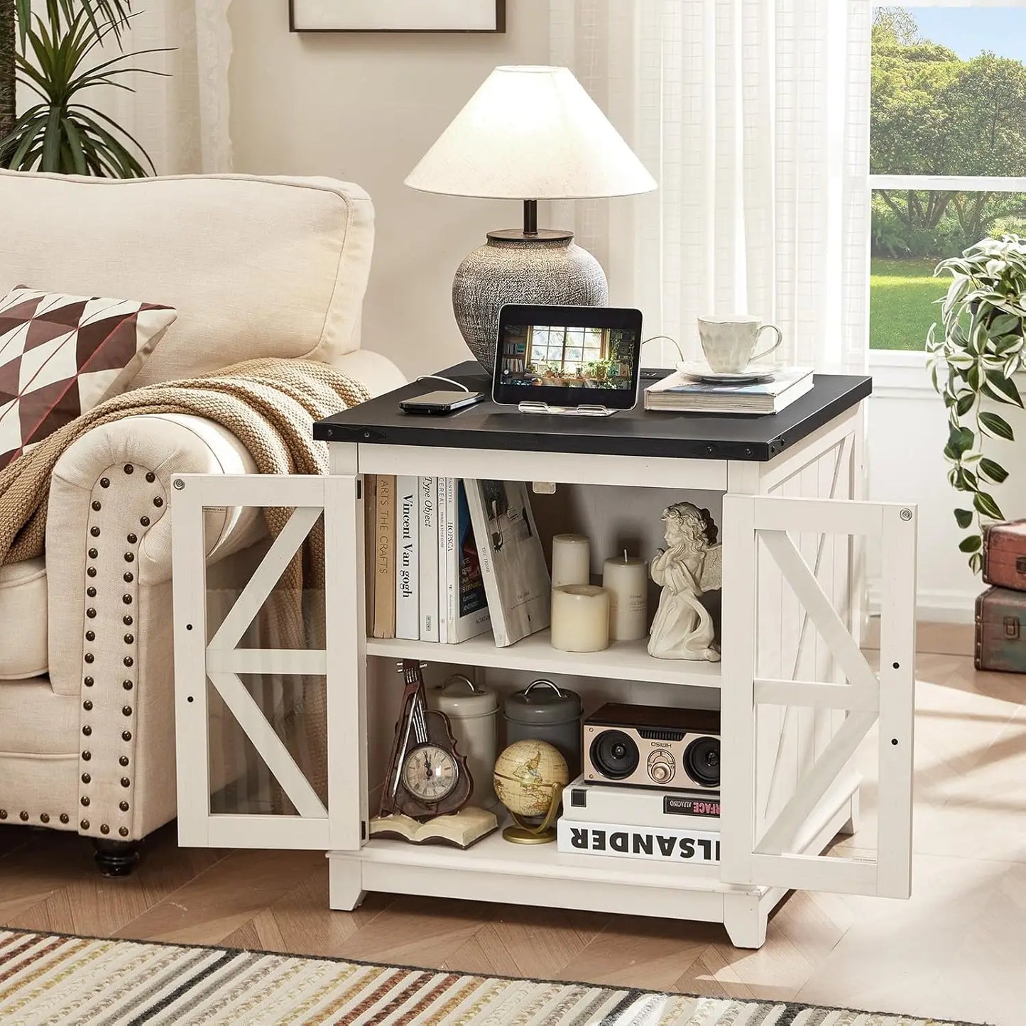 Farmhouse Coffee Table Sets 3 Pieces, 24'' End Table with Charger and Narrow 14'' Nightstand w/Glass Barn Door, Living Room Sets