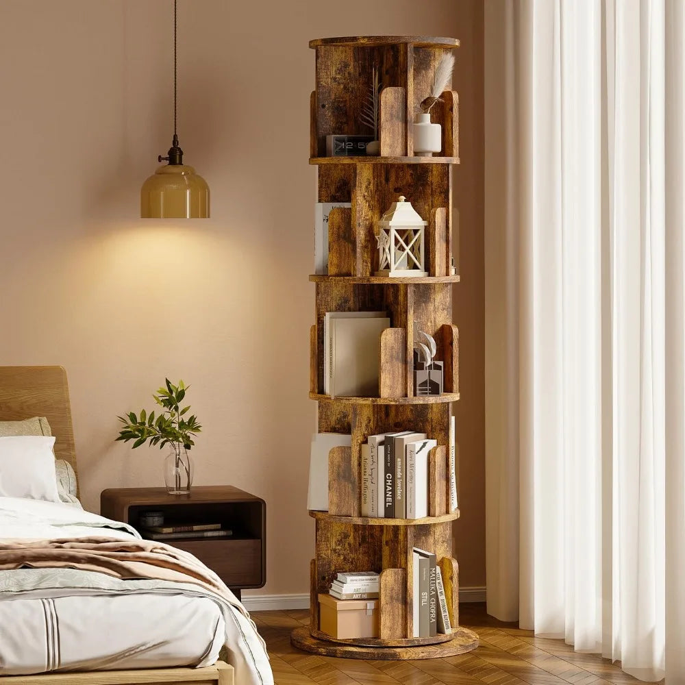 Exclusive Rotating Bookshelf, 360 Display 5 Tier, Small Corner Bookshelf for Small Space, Floor Standing Bookcase Storage Rack,