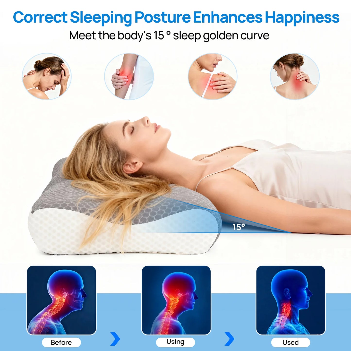 JHK Cervical Neck Double Sided Pillow Memory Foam Ventilated Cooling Ergonomic Bed Pillow Support Contour for Stomach Sleepers