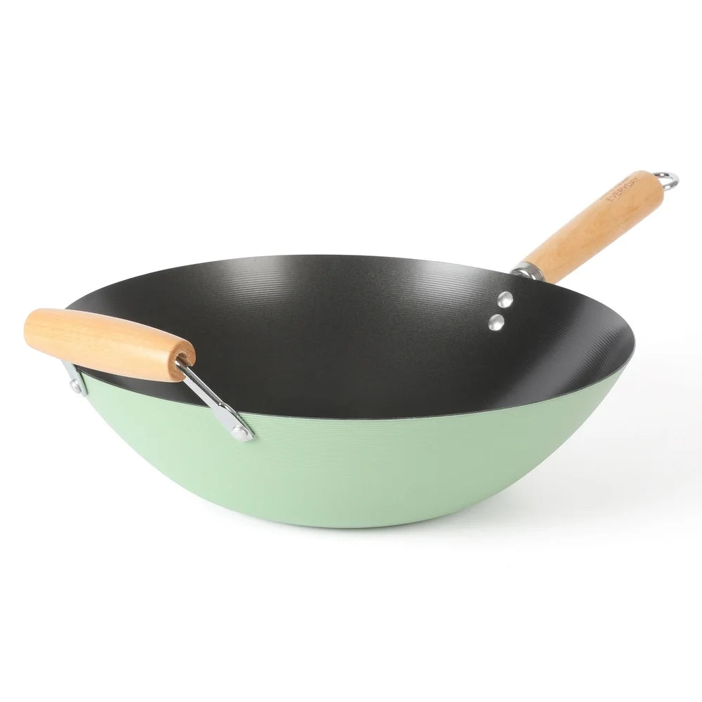Carbon Steel Wok Nonstick 14 Inch Cooking Pan Dishwasher Safe Suitable All Stovetops Induction Gas Electric Even Heat