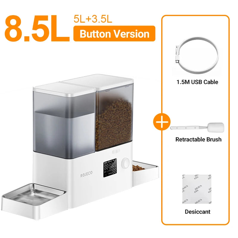 ROJECO 2In1 Automatic Pet Feeder Gravity Water Fountain 8.5L Button Version Auto Cat Kibble Dispenser with Water Refill Drinker