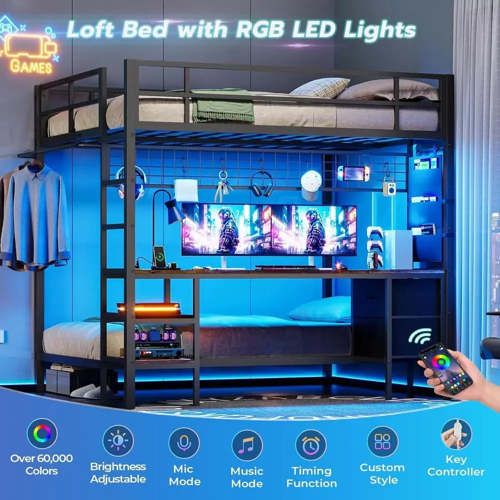 BestsellerTwin Over Full Metal Bunk Bed with Desk, LED Lights, Storage, Safety Rails & Stairs, Black