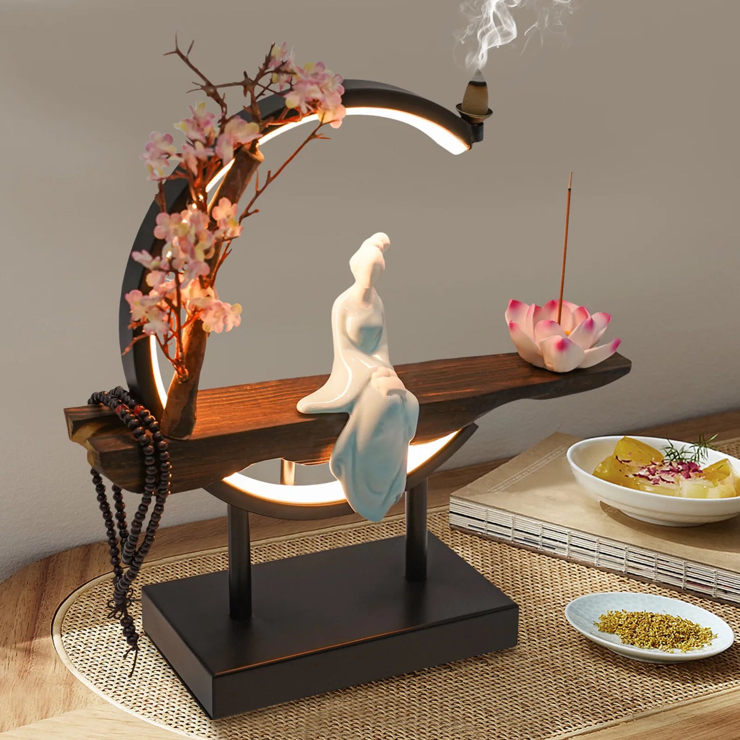 Retro Backflow Incense Burner Ceramic-Iron-Wood Material LED Light Stress Relief Complete Kit for Home/Office Decor