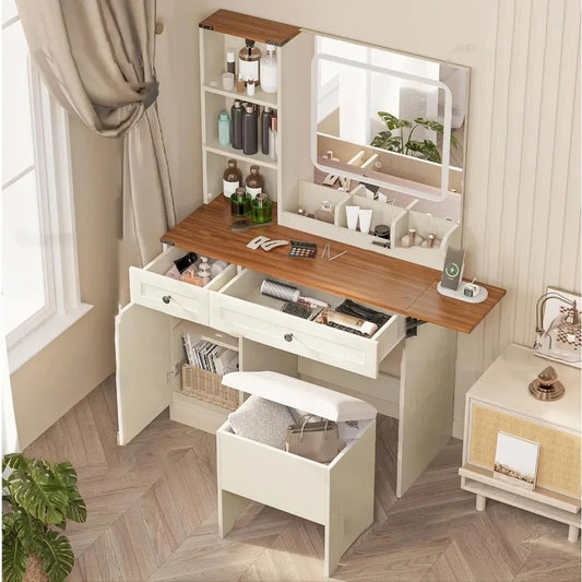 Large Farmhouse Makeup Vanity Desk with Mirror And Lights - Includes Power Outlet Drawers And Cabinet for Bedroom ，Customized