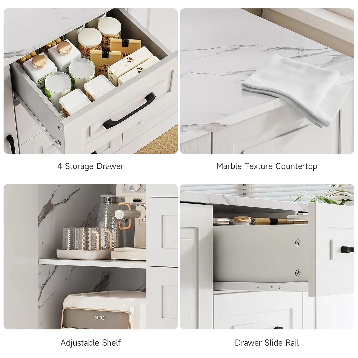 47.3" Kitchen Island with 2 Storage Cabinets & 4 Drawers, Modern Imitation Marble Dining Table with Power Outlet,, Custom