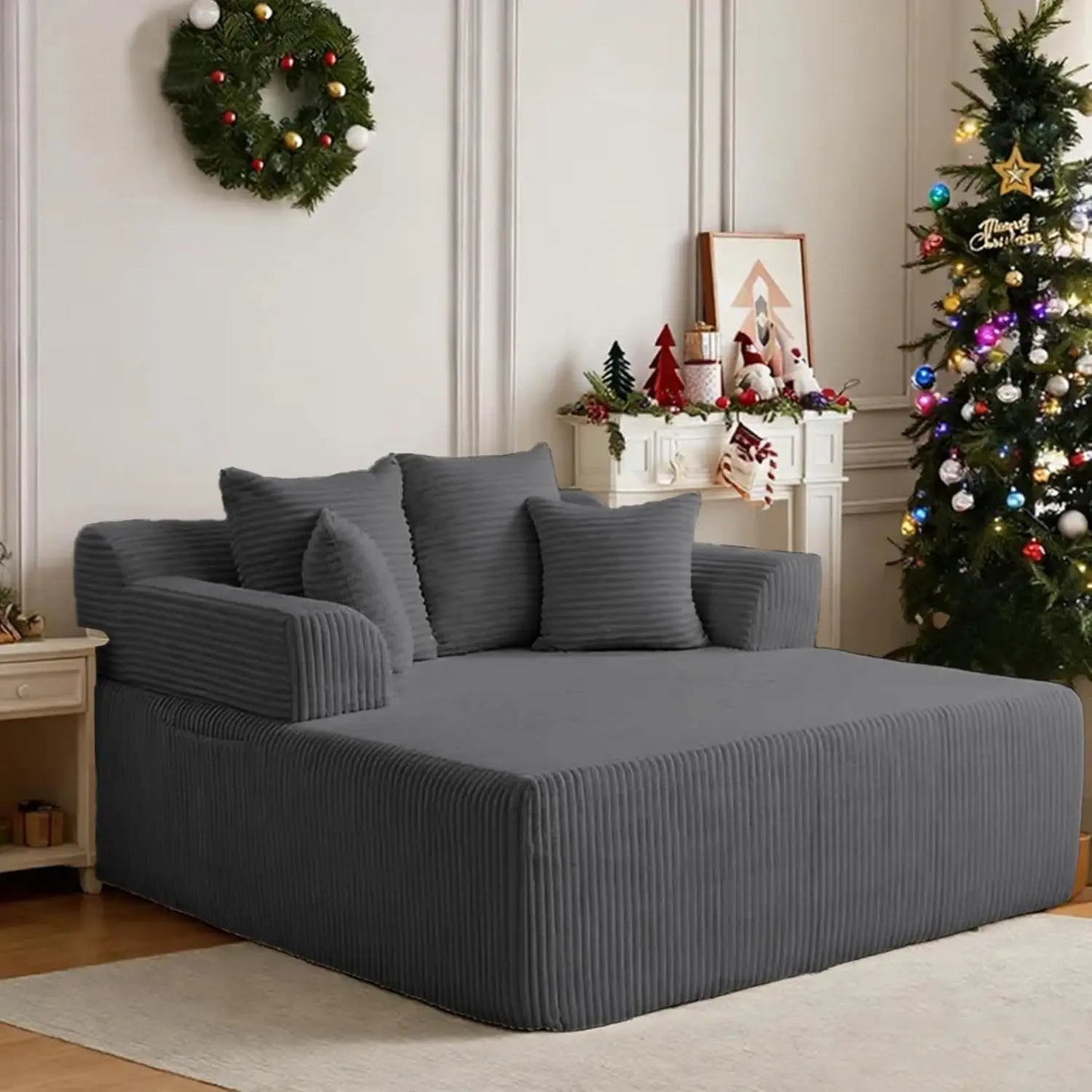58" Oversized Boneless Chair, Corduroy Lounge Chaise Chair Indoor Sleeper Sofa Bed with Arms and 4 Pillows, No, Customized