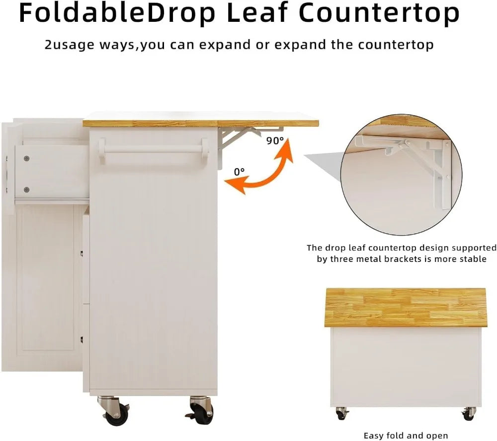 Kitchen Island with Storage on Wheels, Rolling Kitchen Island with Spice Rack & Towel Rack, Portable Island Table for Kitchen