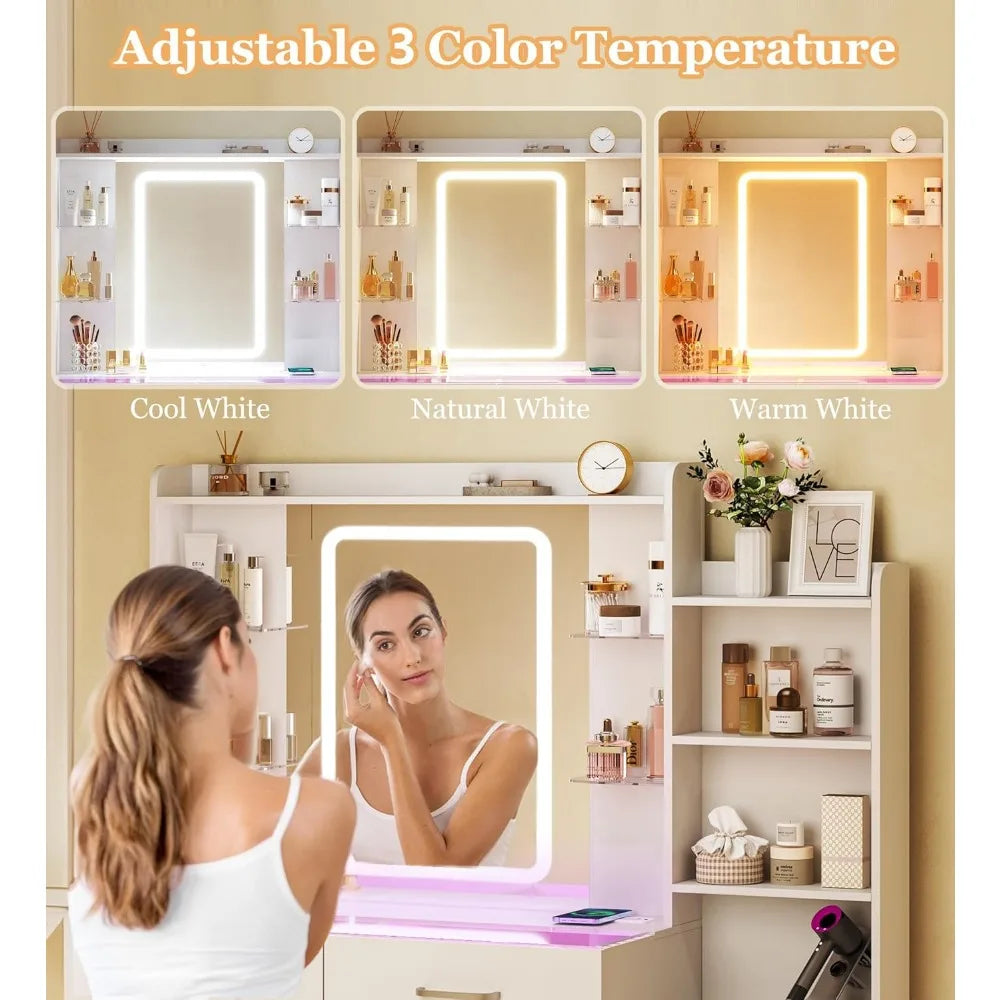 43" Glass Top Vanity Desk with LED Mirror RGB Drawers Wireless Charging 3 Color Lights Power Outlet Bedroom, Customized
