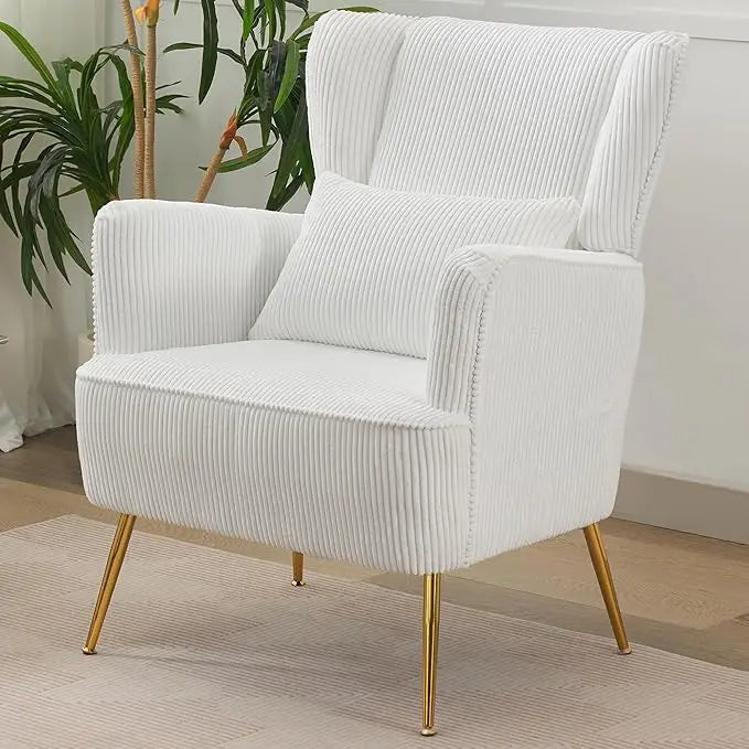 Mid-Century Modern White Wingback Armchair with Pillow And Gold Legs 8.5 Inch Cushion for Living Room Bedroom，Customized