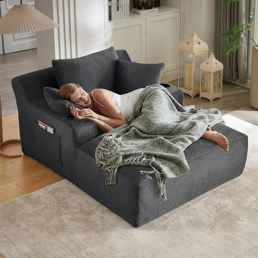 Oversized Chaise Lounge Chair Indoor, Upholstered Boneless Cloud Couch Chair with Side Pockets Pillows Cup Holders,, Customized