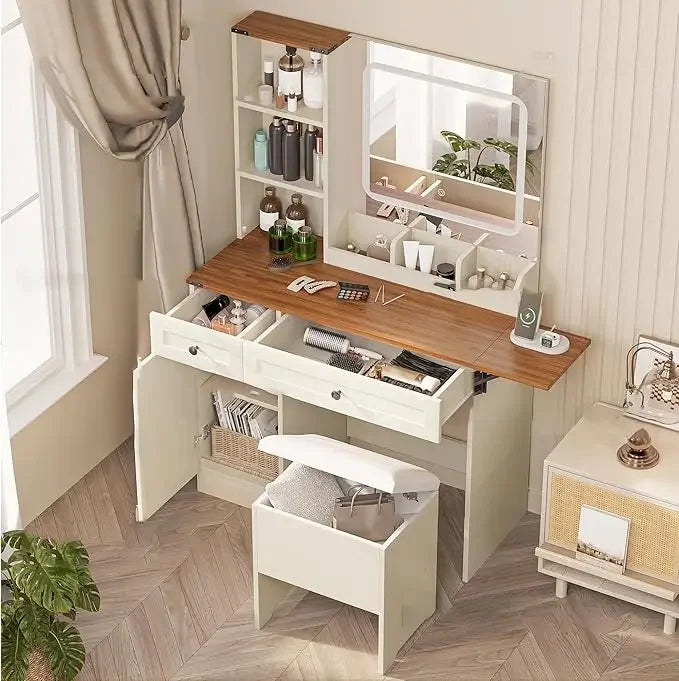 Large Farmhouse Makeup Vanity Desk with Mirror And Lights - Includes Power Outlet Drawers And Cabinet for Bedroom ，Customized