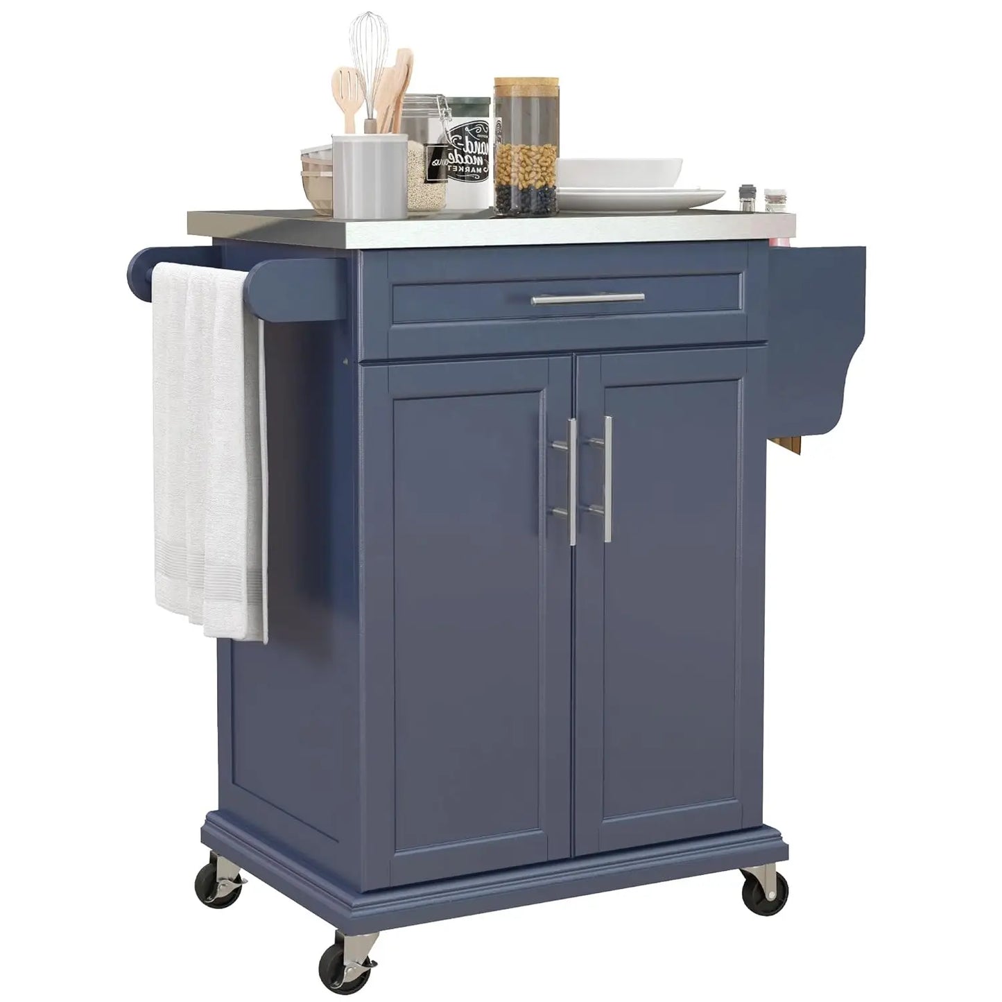 Kitchen Island on Wheels, Rolling Kitchen Cart with Stainless Steel Countertop, Drawer, Towel Rack and Spice Rack,, Customized