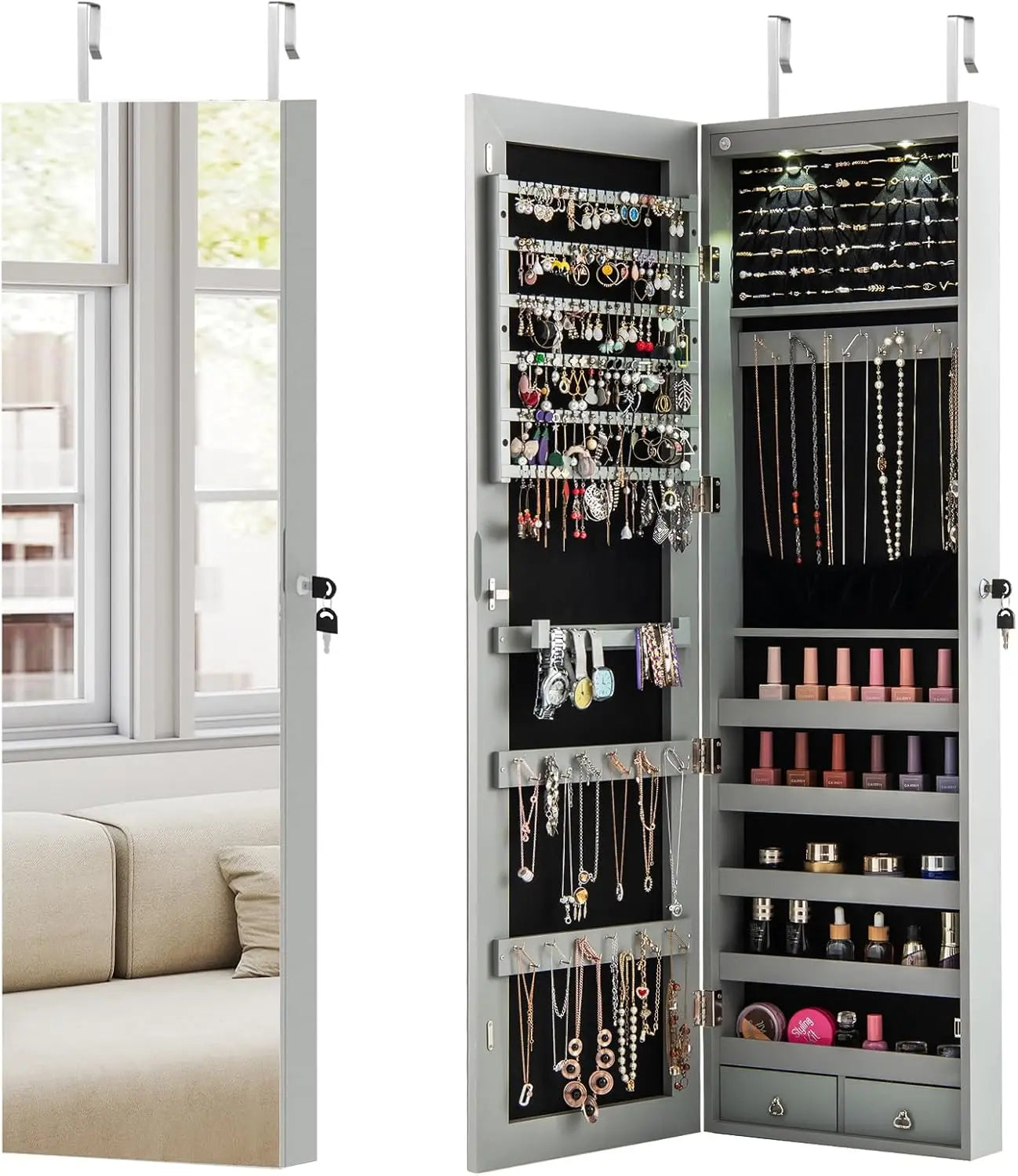 Wall Door Mounted Jewelry Armoire with 47.5 Full Length Mirror & 2 LED Lights, Large Storage Capacity, Lockable Mirror