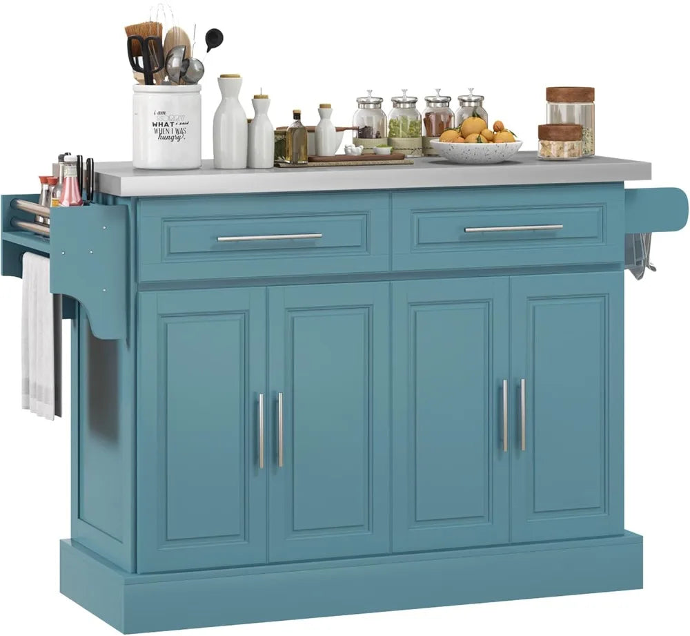 Rolling Kitchen Island Cart with Wheels, Portable Island Table for Kitchen with Stainless Steel Top, Adjustable Shelves