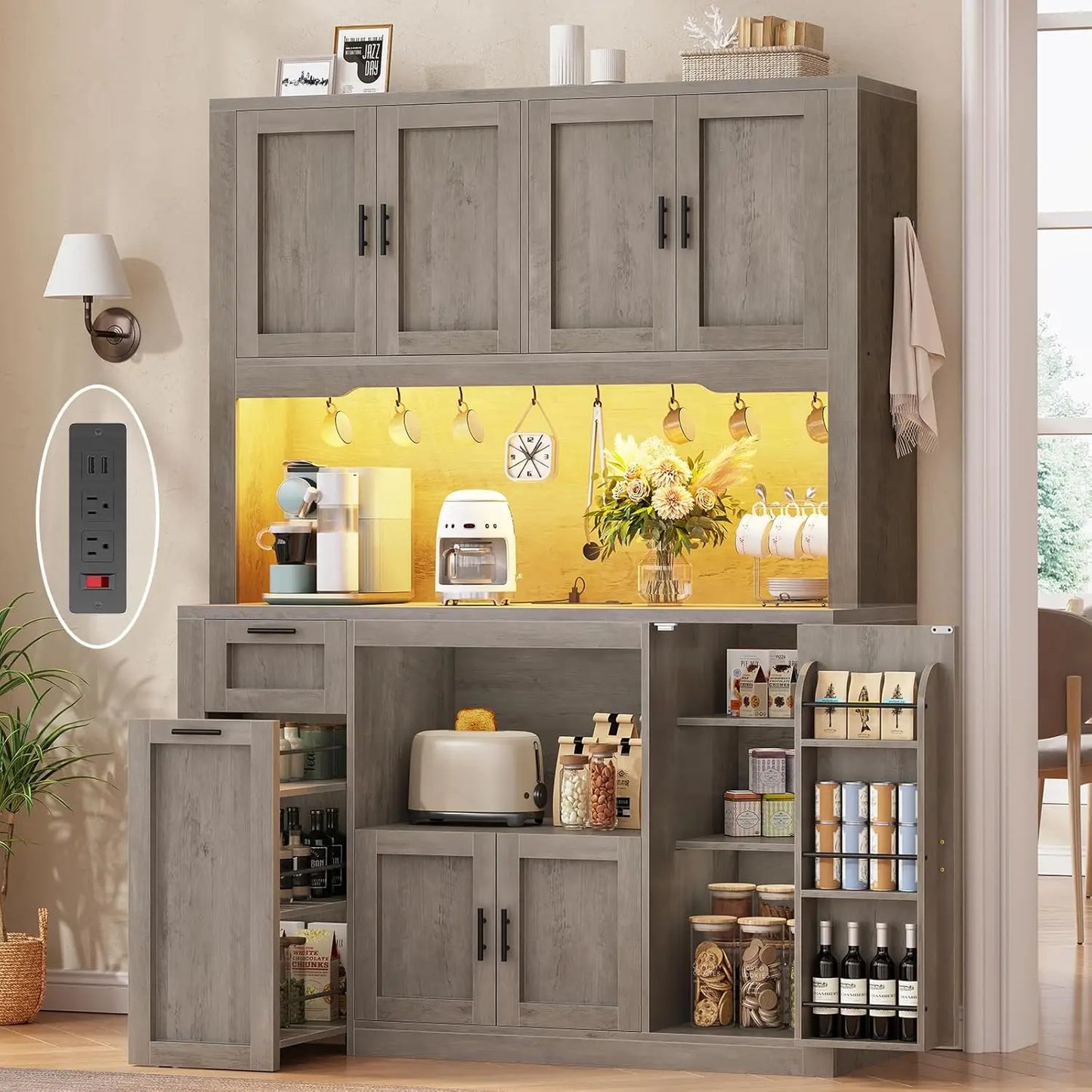71 Inch Wide Pantry Cabinet with Charging Station And LED Light Kitchen Storage with Microwave Stand Design，Customized