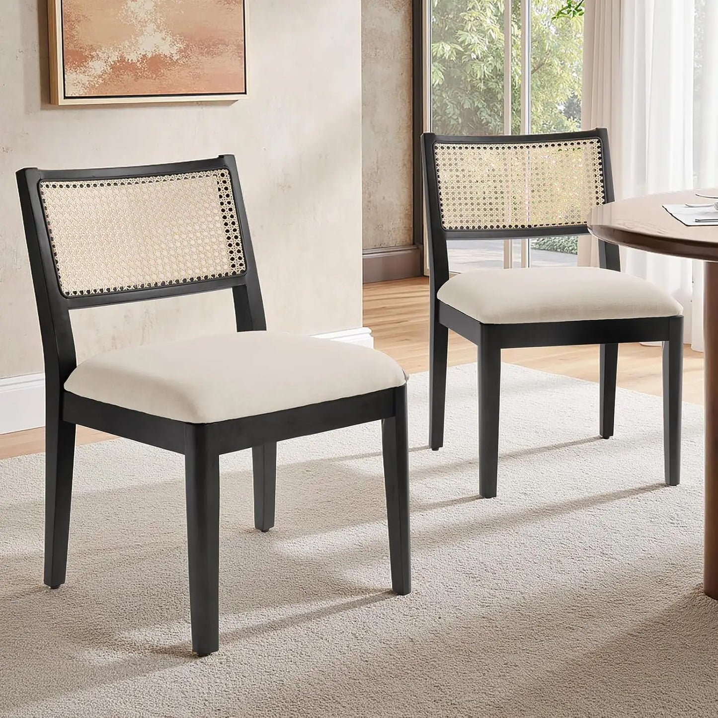 Rattan Dining Chairs Set of 2, French Solid Wood Kitchen Dining Room Chairs with Curved Back, Upholstered Accent, Customized