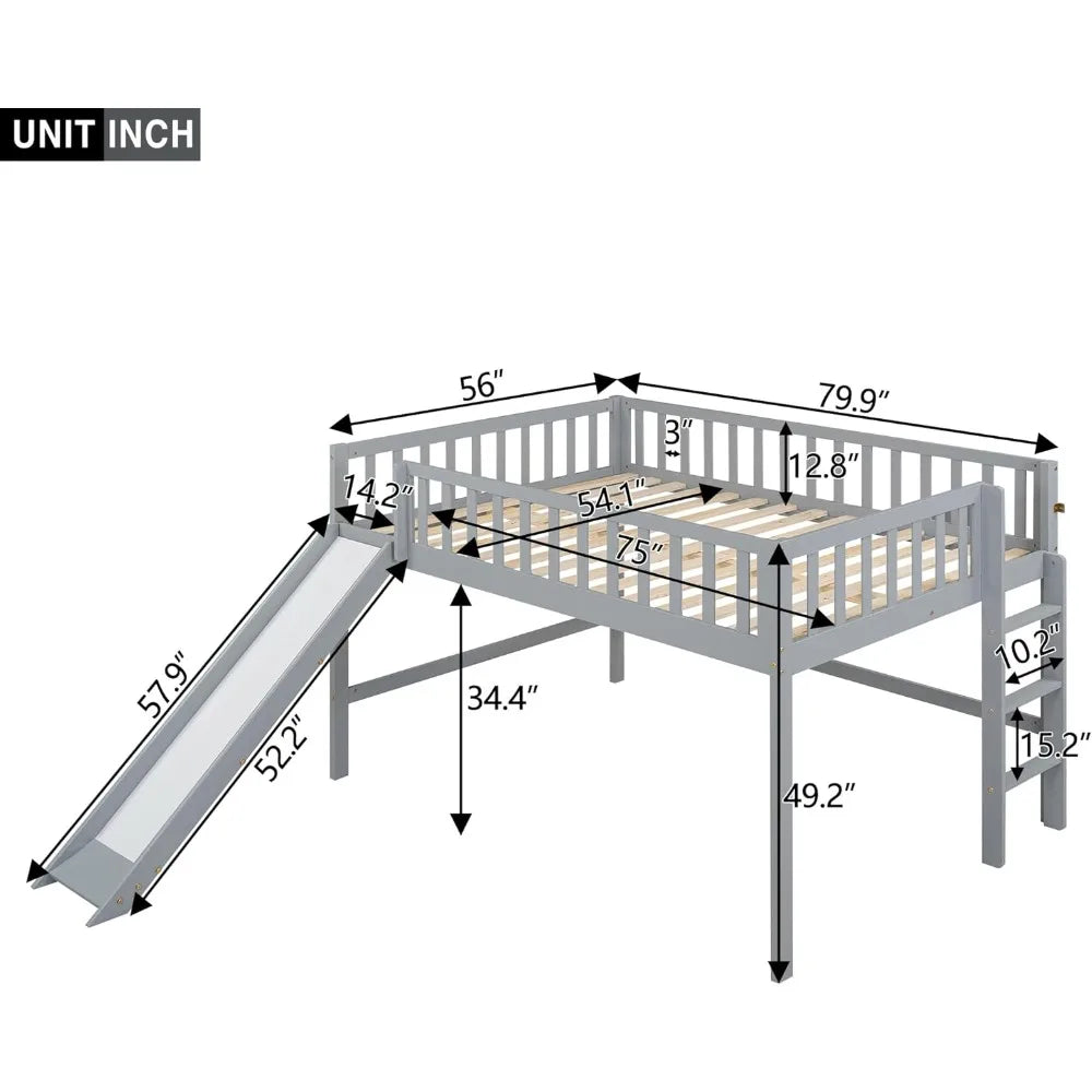 Full Size Low Loft Bed with Slide, High Guardrail & Ladder, Loft beds with Safety Rails, Wooden Full Loft Bed Frame for Kids, Bo