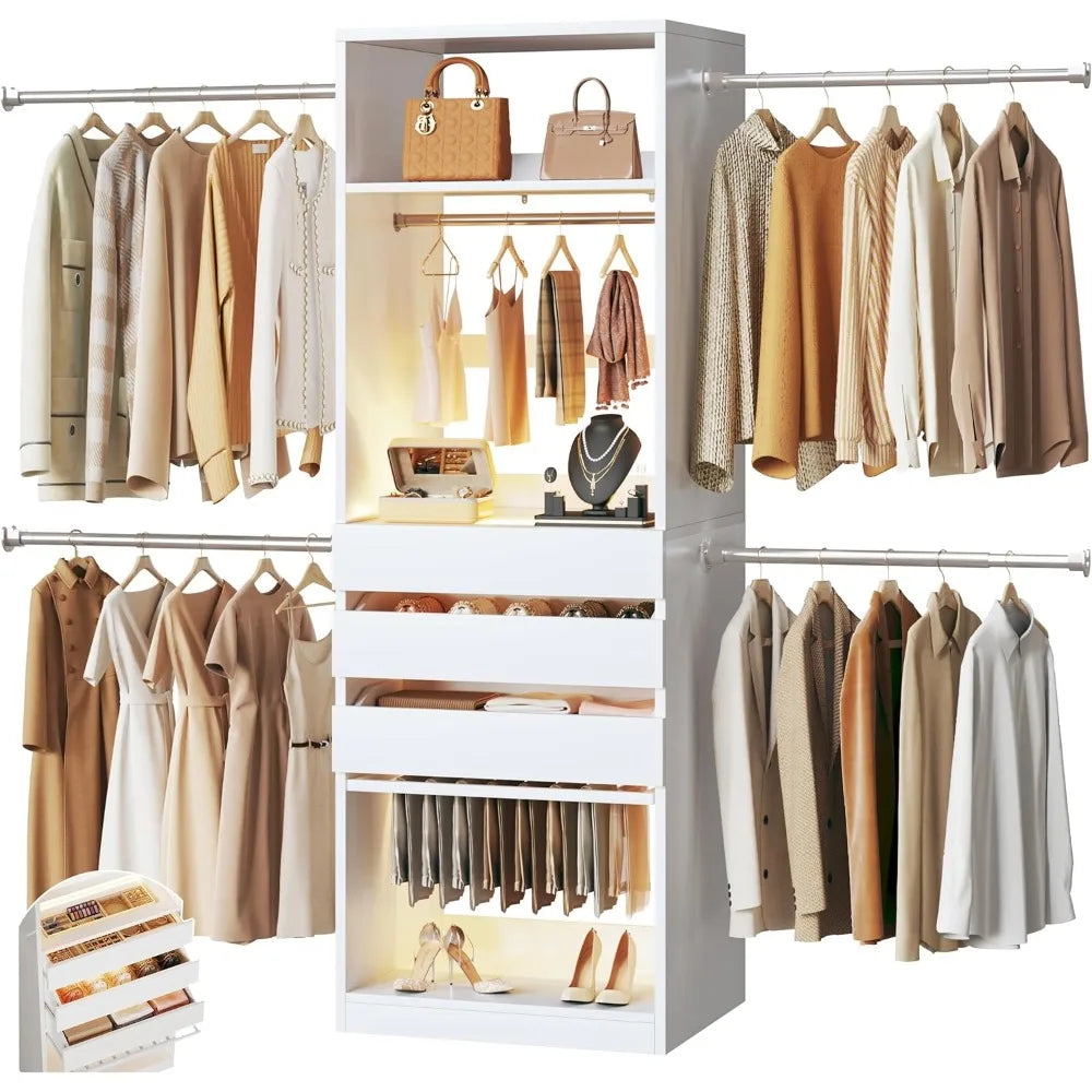 Closet System, 4-8FT Closet Organizer with 3 Wood Drawers & Glass Top, 102'' Walk in Closet with 5 Hang Rods，Customized
