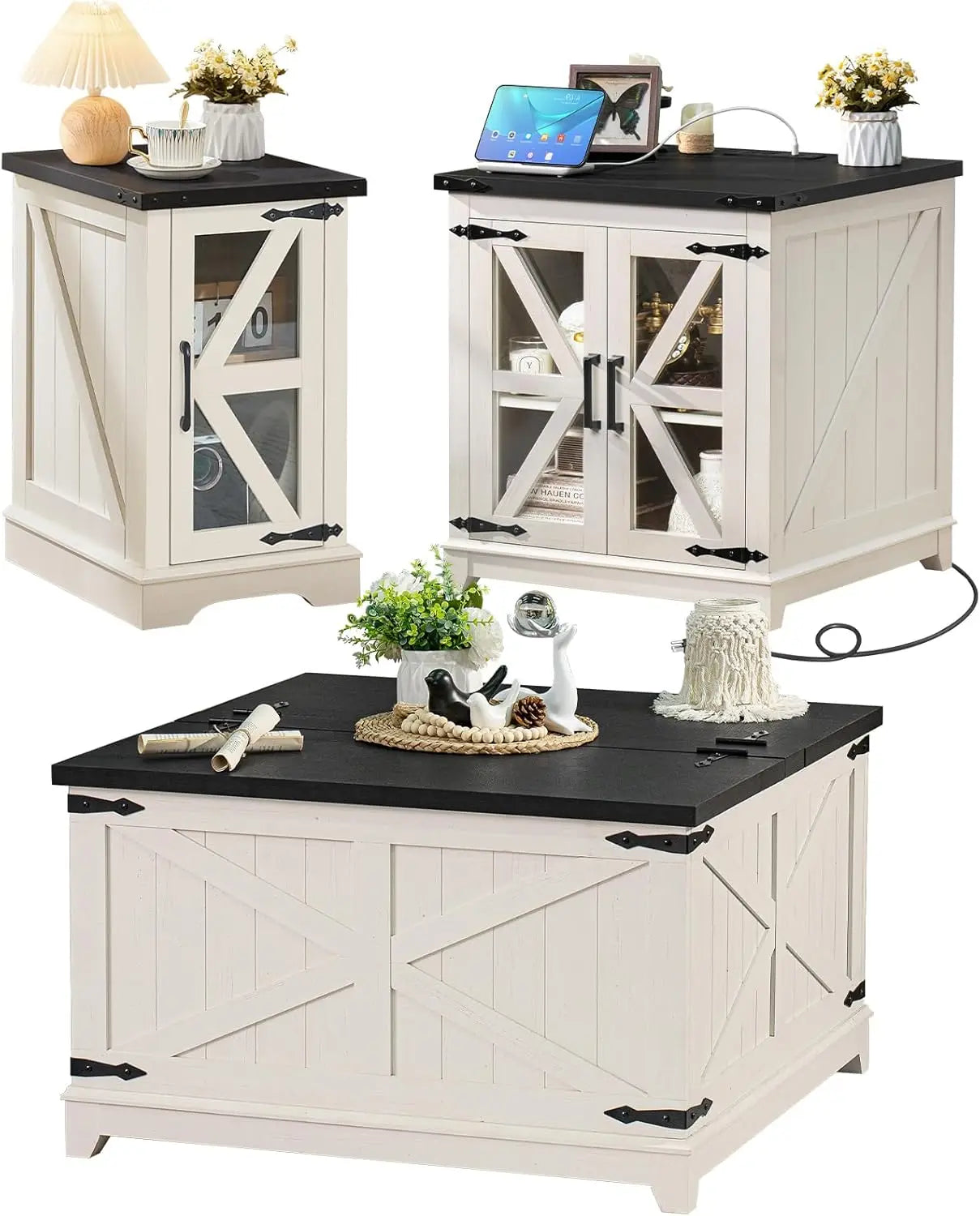 Farmhouse Coffee Table Sets 3 Pieces, 24'' End Table with Charger and Narrow 14'' Nightstand w/Glass Barn Door, Living Room Sets