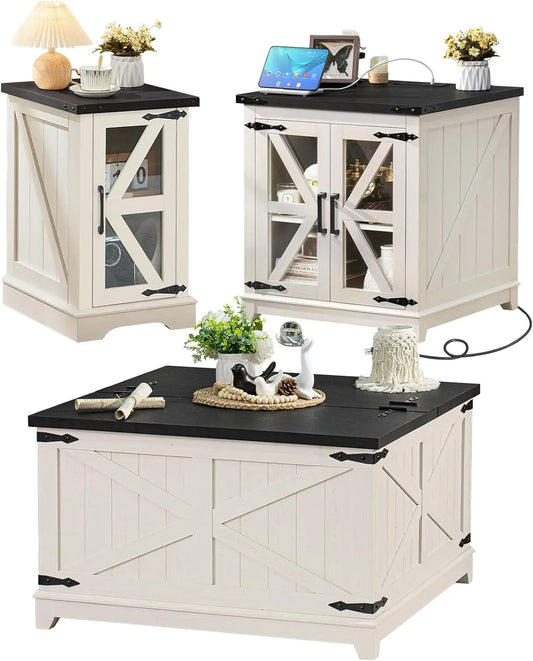 Farmhouse Coffee Table Sets 3 Pieces, 24'' End Table with Charger and Narrow 14'' Nightstand w/Glass Barn Door, Living Room Sets