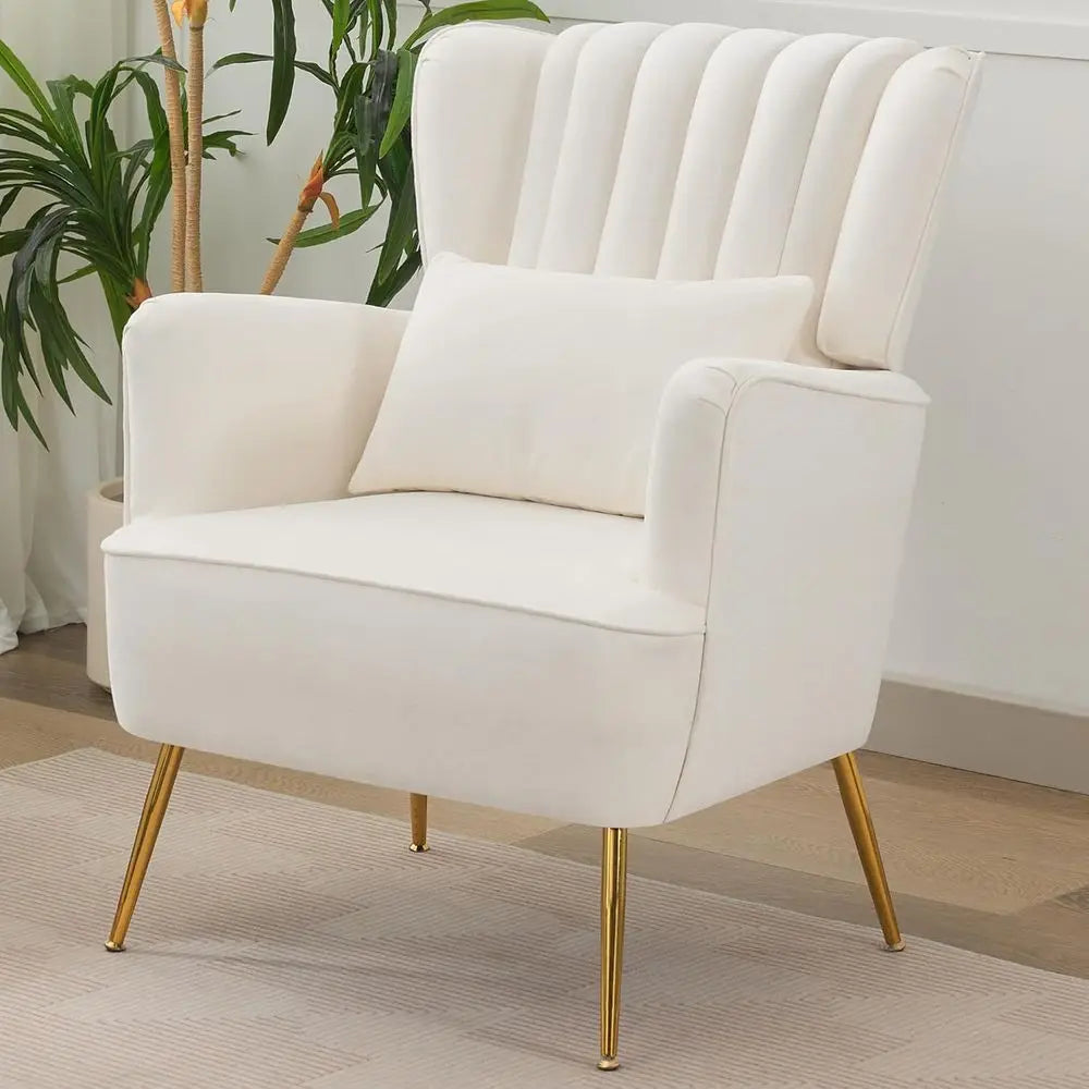 Mid-Century Modern White Wingback Armchair with Pillow And Gold Legs 8.5 Inch Cushion for Living Room Bedroom，Customized
