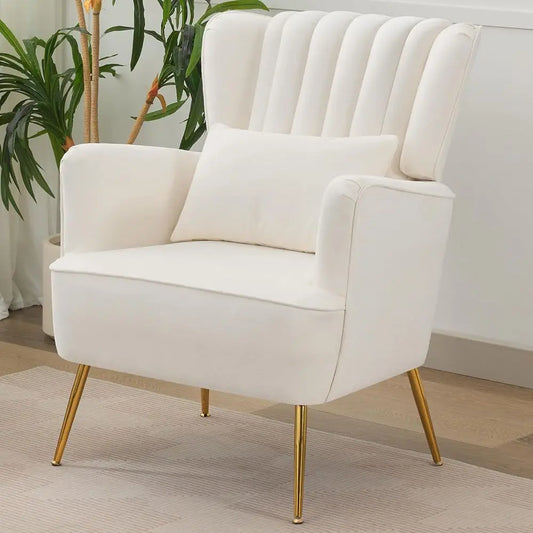 Mid-Century Modern White Wingback Armchair with Pillow And Gold Legs 8.5 Inch Cushion for Living Room Bedroom，Customized