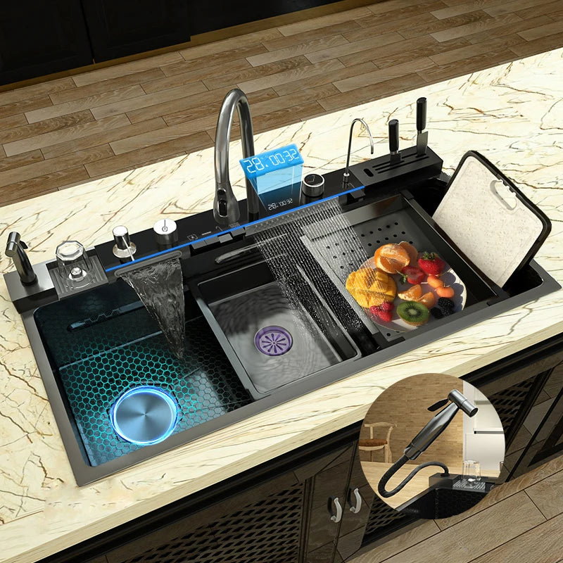 Stainless Steel Kitchen Sink Large Single Slot Multifunctional Waterfall Digital Display Faucet Wash Dish Bowl Undermount Basin