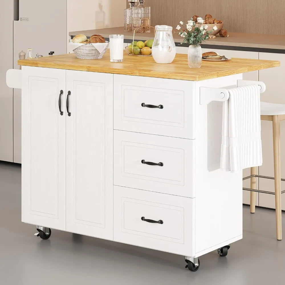 Kitchen Island with Storage on Wheels, Rolling Kitchen Island with Spice Rack & Towel Rack, Portable Island Table for Kitchen