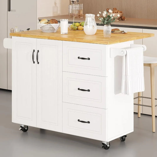 Kitchen Island with Storage on Wheels, Rolling Kitchen Island with Spice Rack & Towel Rack, Portable Island Table for Kitchen