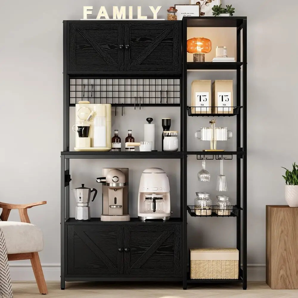 IRONCK Bakers Rack with 2 Storage Cabinets and Power Outlet, 45.3 Inch Kitchen Microwave Stand with Storage, Coffee Bar Cabinet