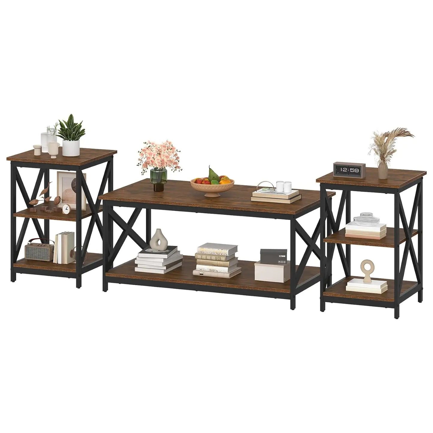 Living Room Coffee Table Set of 3, Industrial X-Design Coffee Table and 2 End Side Tables, 3 Piece Living Room Table Set