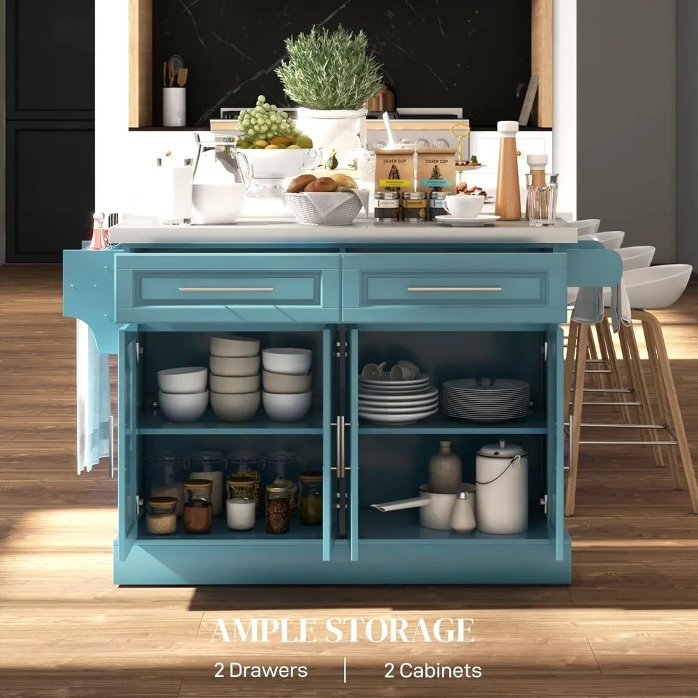 Rolling Kitchen Island Cart with Wheels, Portable Island Table for Kitchen with Stainless Steel Top, Adjustable Shelves