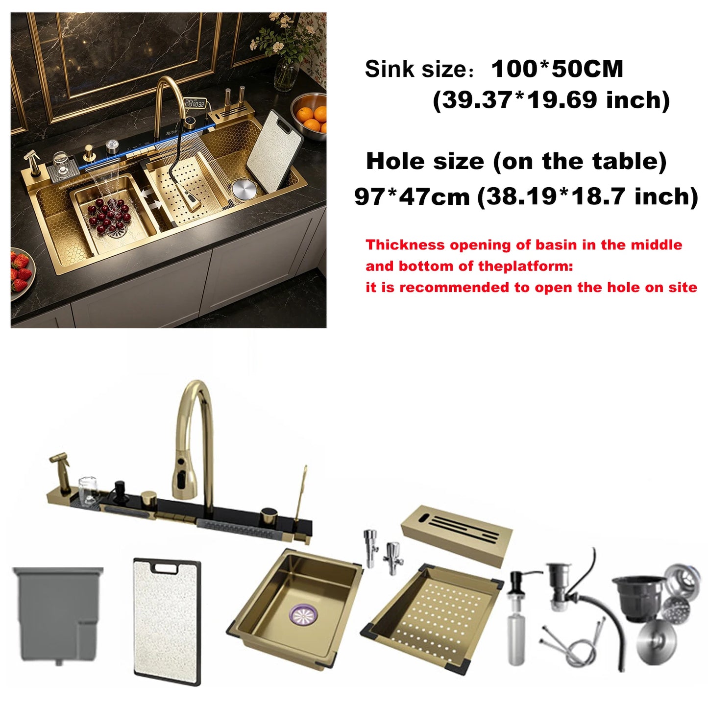 Stainless Steel Kitchen Sink Large Single Slot Multifunctional Waterfall Digital Display Faucet Wash Dish Bowl Undermount Basin